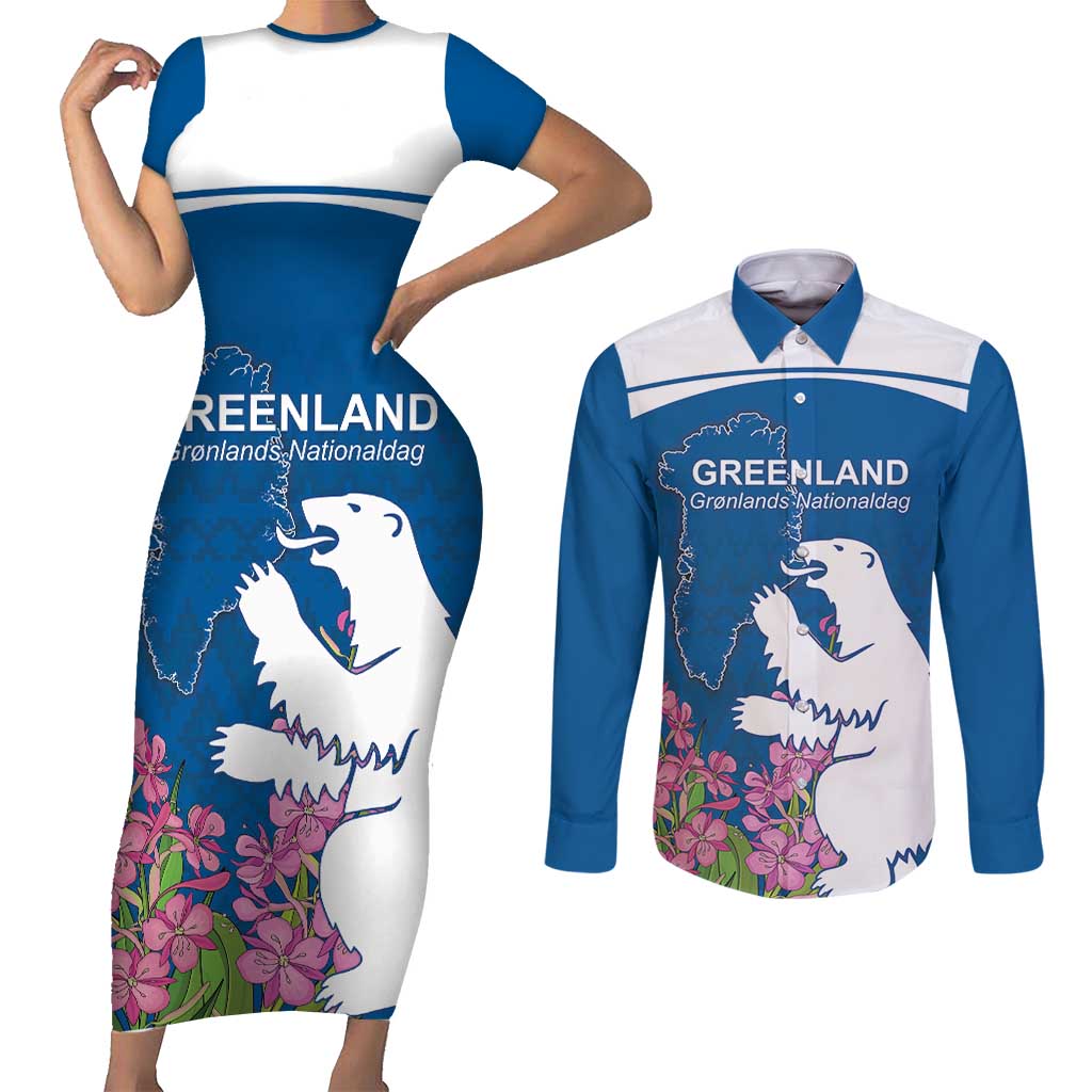 Personalized Greenland National Day Couples Matching Short Sleeve Bodycon Dress and Long Sleeve Button Shirt Polar Bear With Dwarf Fireweed