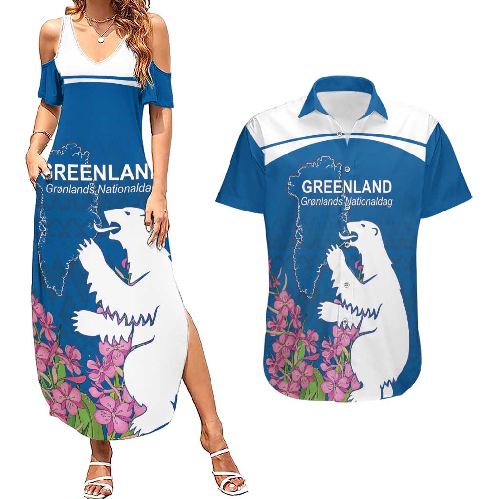 Personalized Greenland National Day Couples Matching Summer Maxi Dress and Hawaiian Shirt Polar Bear With Dwarf Fireweed