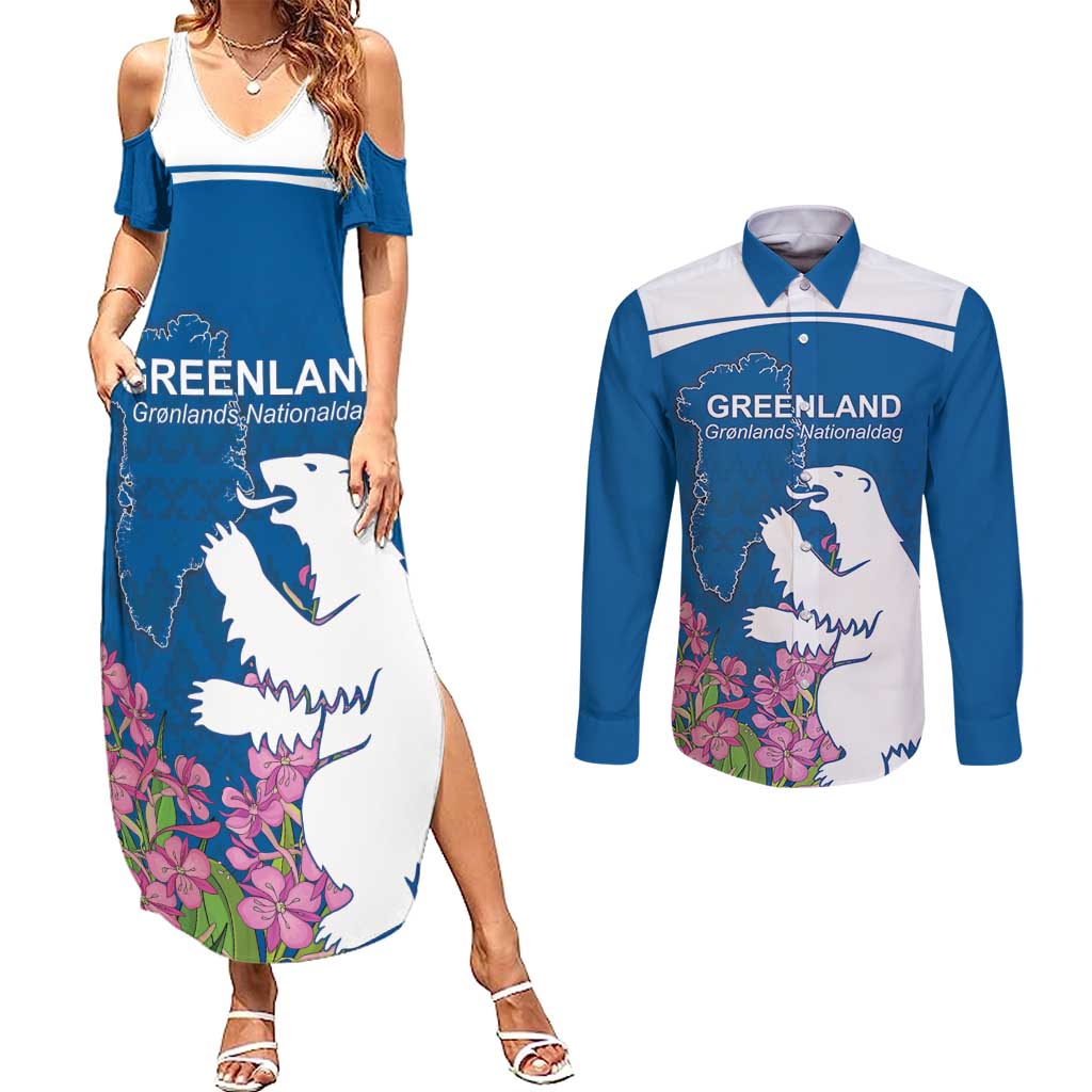 Personalized Greenland National Day Couples Matching Summer Maxi Dress and Long Sleeve Button Shirt Polar Bear With Dwarf Fireweed