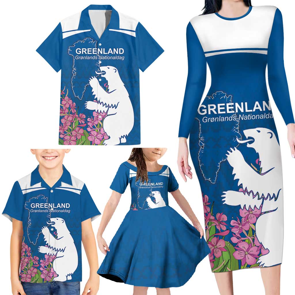 Personalized Greenland National Day Family Matching Long Sleeve Bodycon Dress and Hawaiian Shirt Polar Bear With Dwarf Fireweed