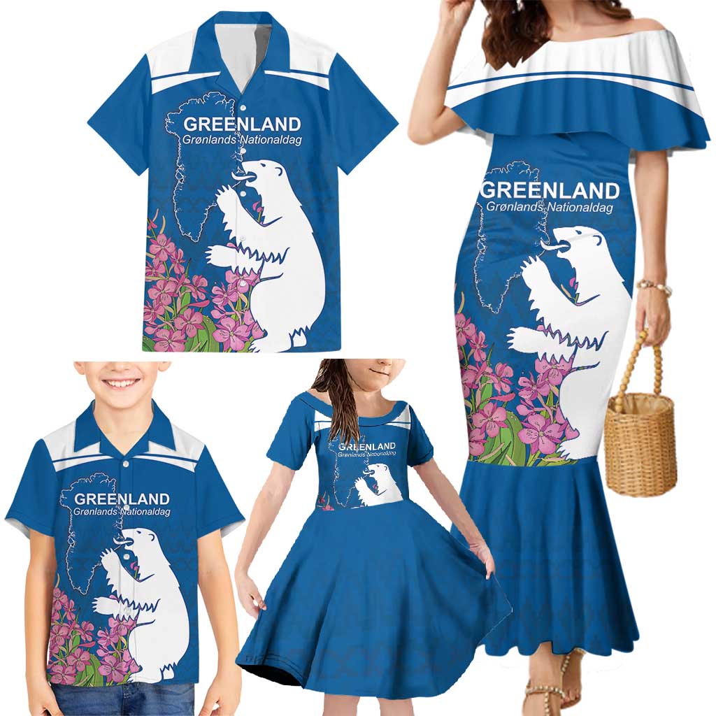 Personalized Greenland National Day Family Matching Mermaid Dress and Hawaiian Shirt Polar Bear With Dwarf Fireweed