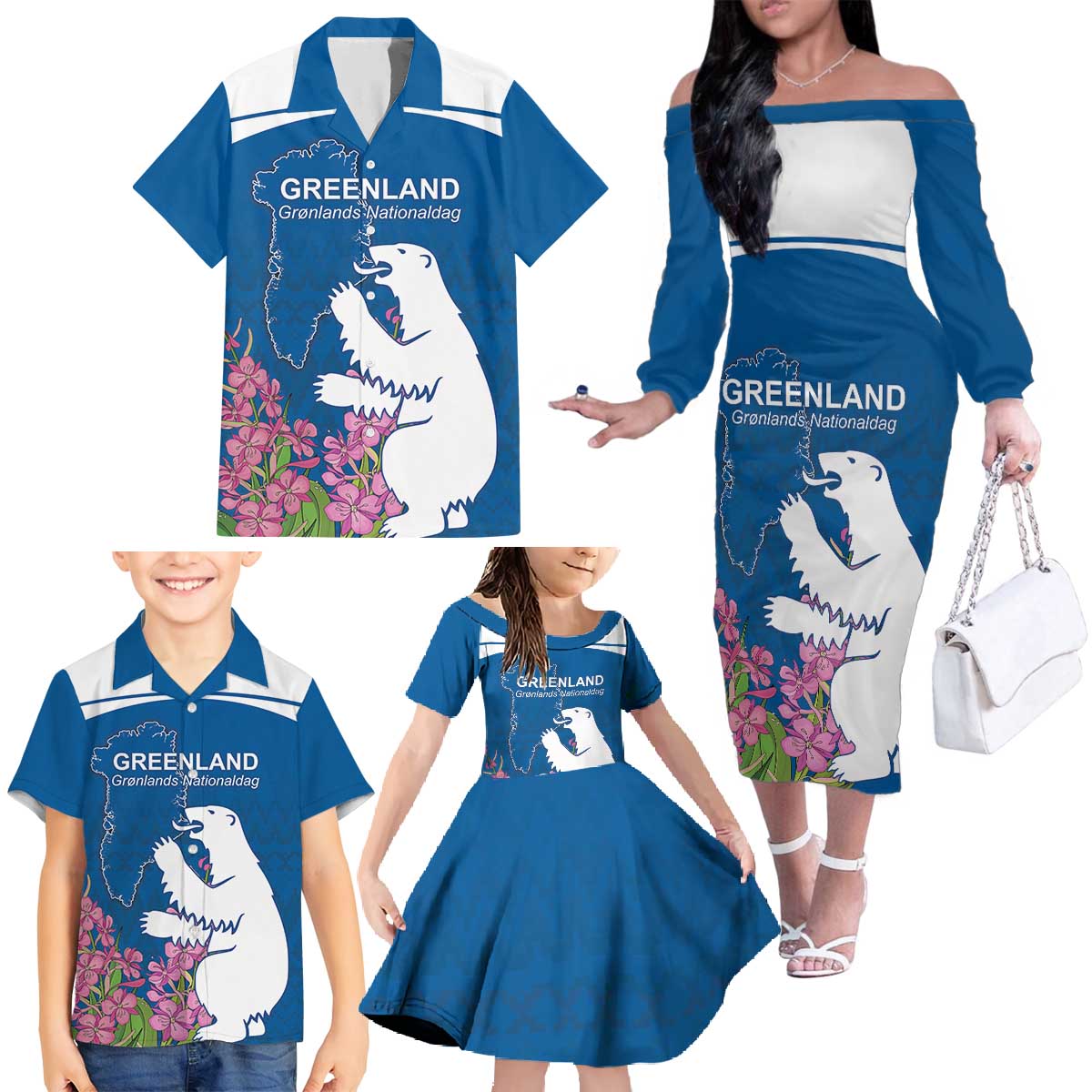 Personalized Greenland National Day Family Matching Off The Shoulder Long Sleeve Dress and Hawaiian Shirt Polar Bear With Dwarf Fireweed