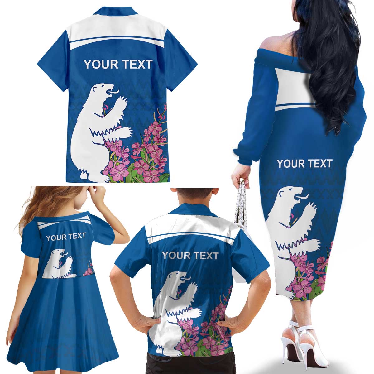 Personalized Greenland National Day Family Matching Off The Shoulder Long Sleeve Dress and Hawaiian Shirt Polar Bear With Dwarf Fireweed