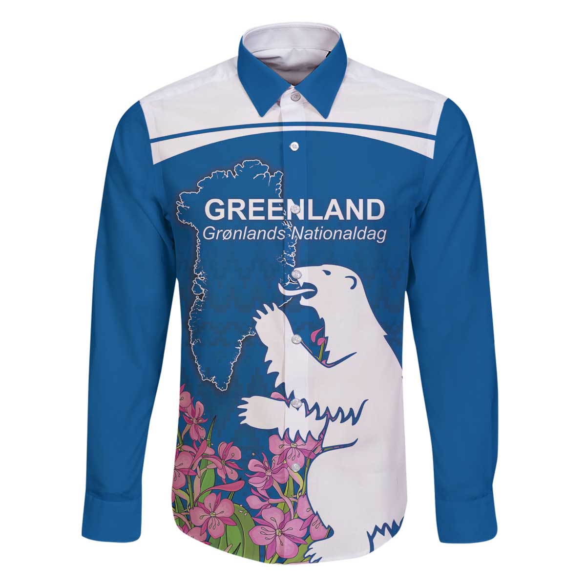 Personalized Greenland National Day Family Matching Off The Shoulder Long Sleeve Dress and Hawaiian Shirt Polar Bear With Dwarf Fireweed