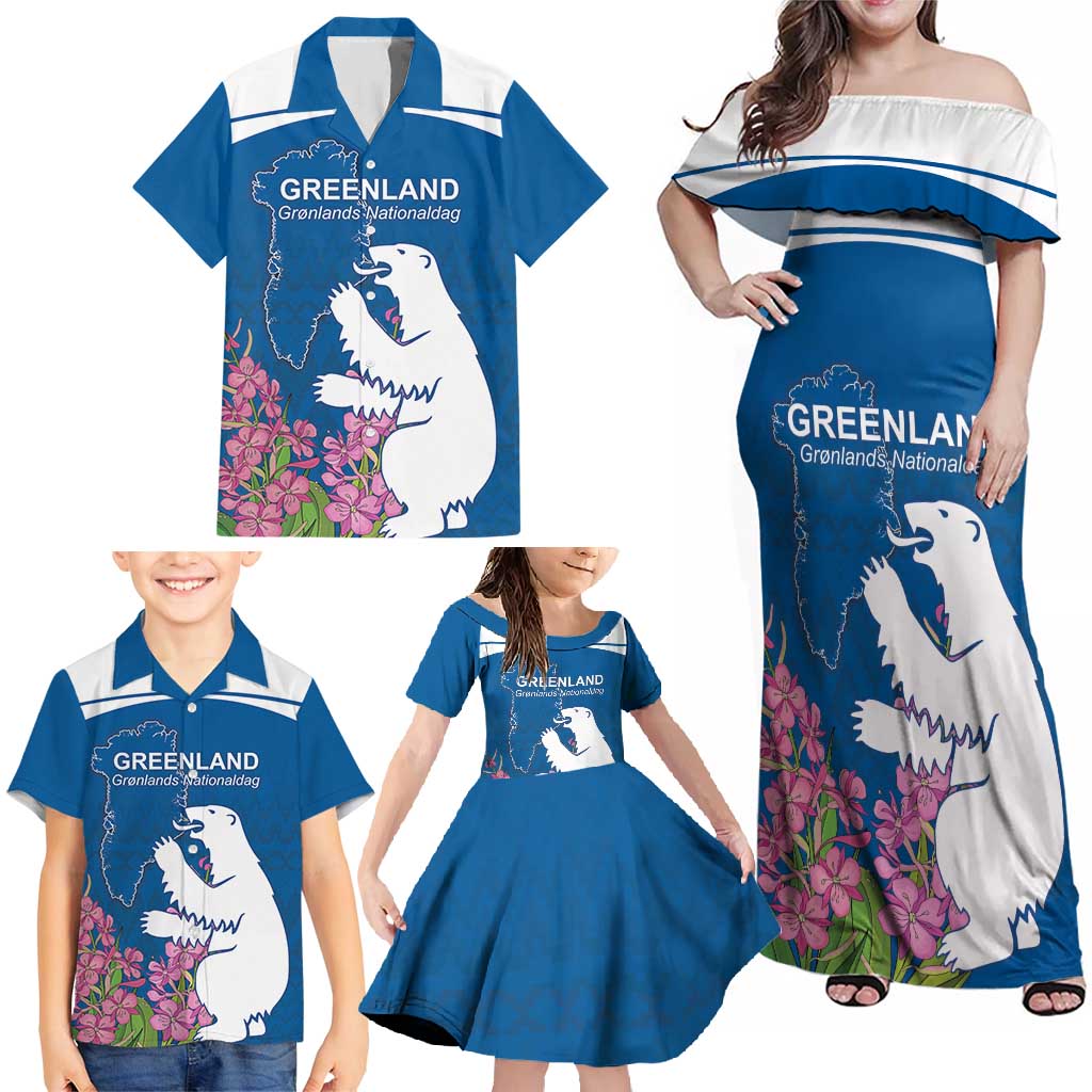 Personalized Greenland National Day Family Matching Off Shoulder Maxi Dress and Hawaiian Shirt Polar Bear With Dwarf Fireweed