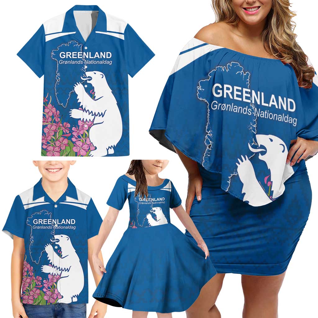 Personalized Greenland National Day Family Matching Off Shoulder Short Dress and Hawaiian Shirt Polar Bear With Dwarf Fireweed