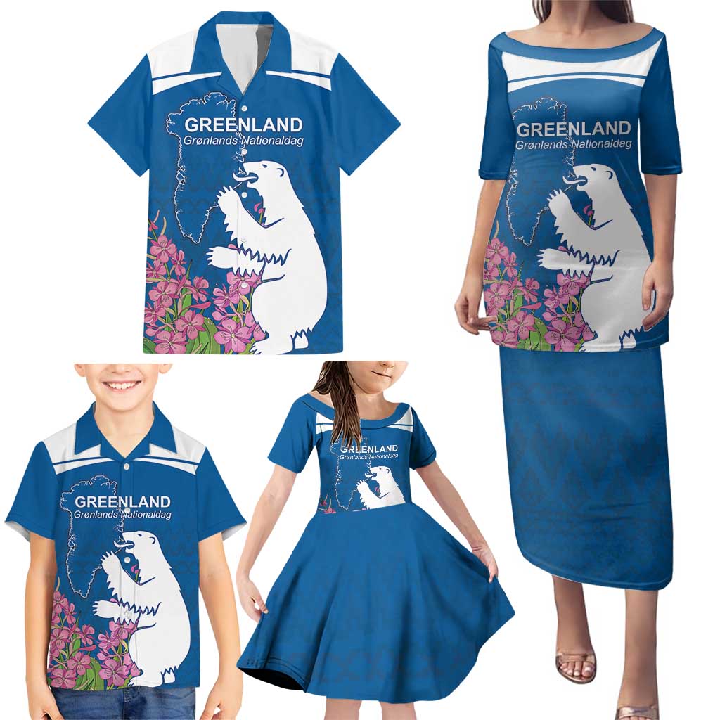 Personalized Greenland National Day Family Matching Puletasi and Hawaiian Shirt Polar Bear With Dwarf Fireweed
