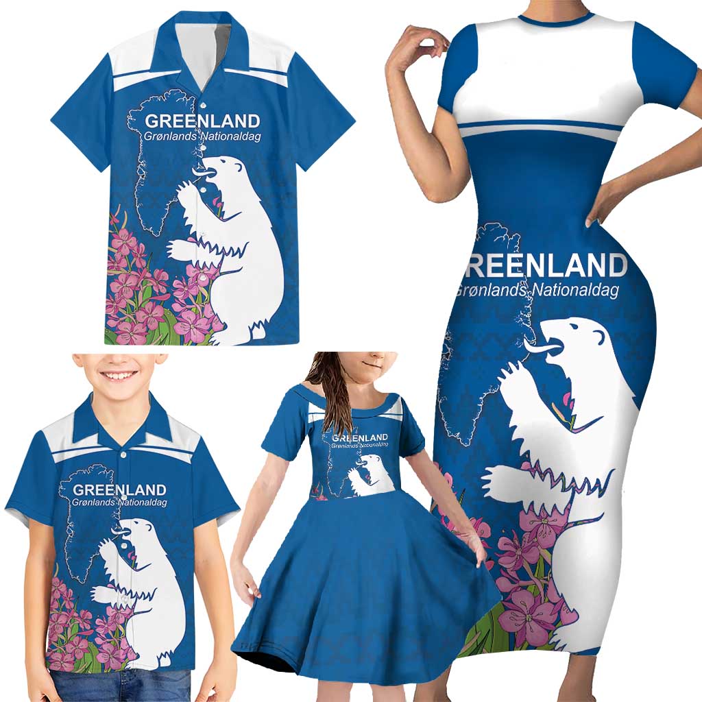 Personalized Greenland National Day Family Matching Short Sleeve Bodycon Dress and Hawaiian Shirt Polar Bear With Dwarf Fireweed