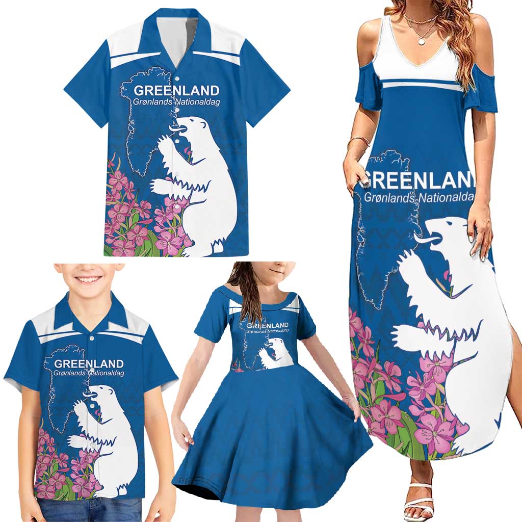 Personalized Greenland National Day Family Matching Summer Maxi Dress and Hawaiian Shirt Polar Bear With Dwarf Fireweed