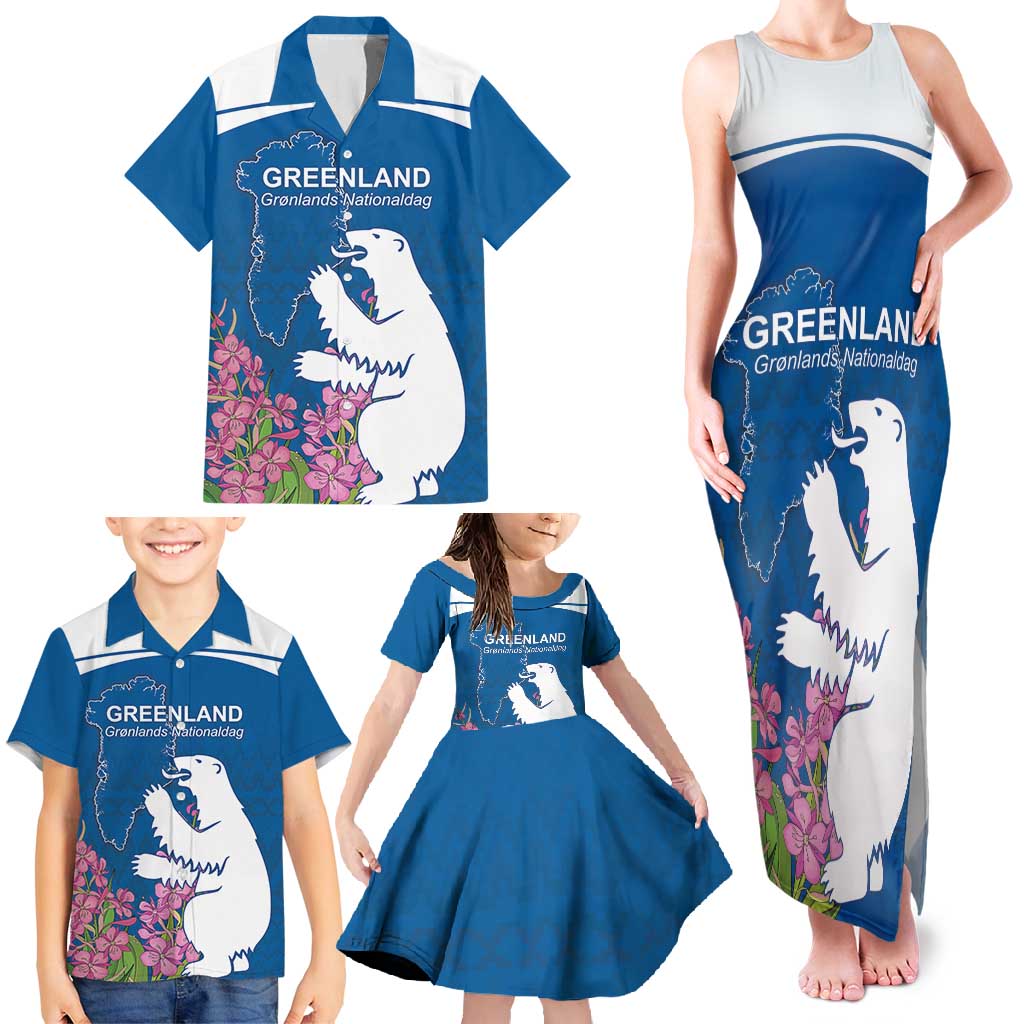 Personalized Greenland National Day Family Matching Tank Maxi Dress and Hawaiian Shirt Polar Bear With Dwarf Fireweed