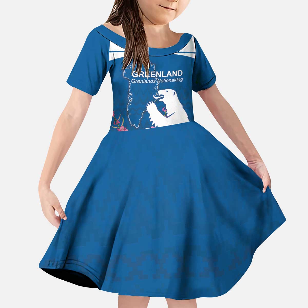 Personalized Greenland National Day Kid Short Sleeve Dress Polar Bear With Dwarf Fireweed