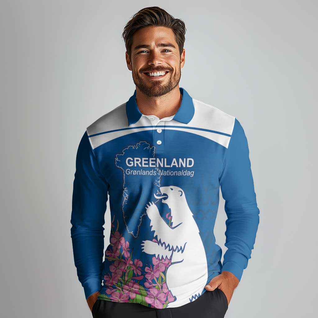 Personalized Greenland National Day Long Sleeve Polo Shirt Polar Bear With Dwarf Fireweed