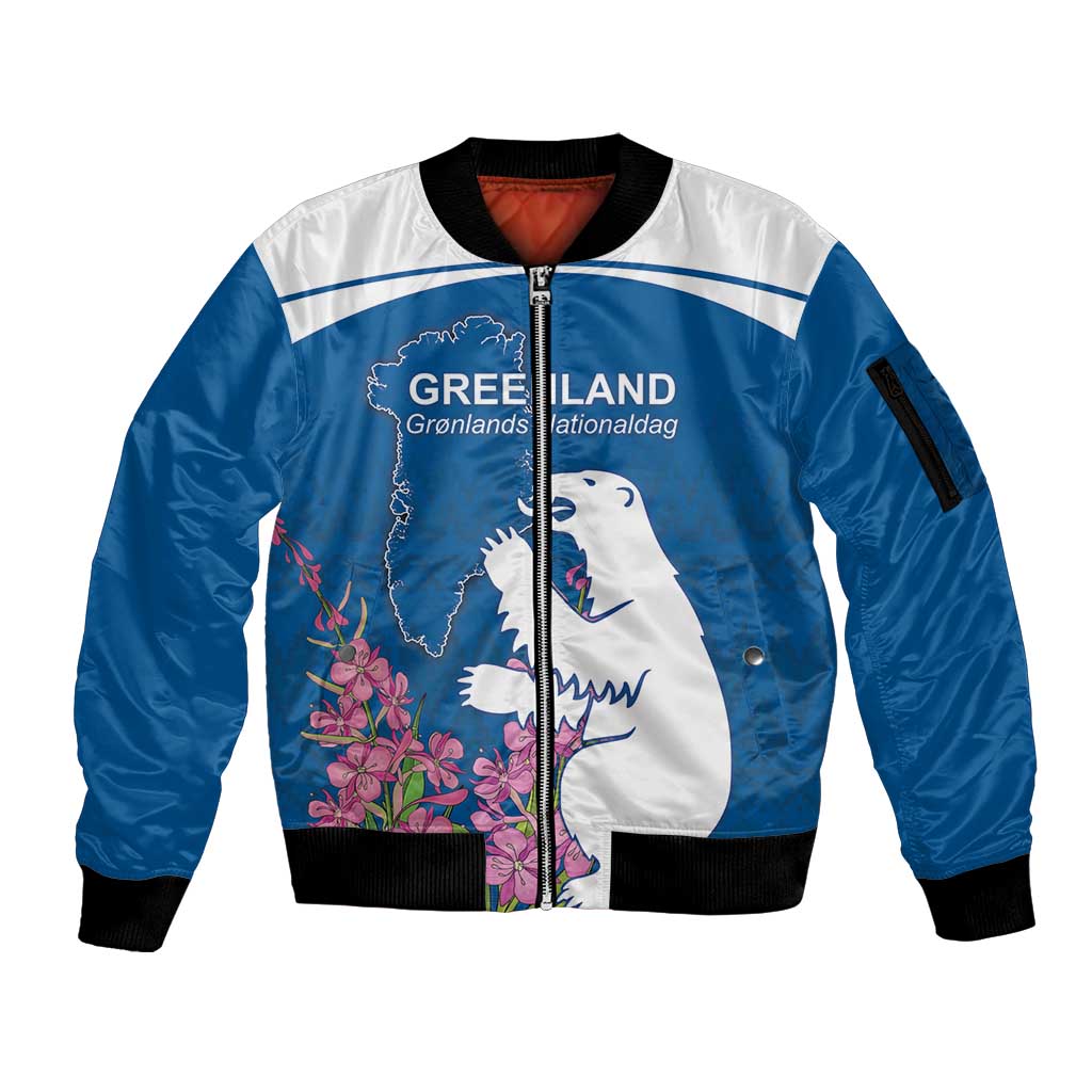 Personalized Greenland National Day Sleeve Zip Bomber Jacket Polar Bear With Dwarf Fireweed