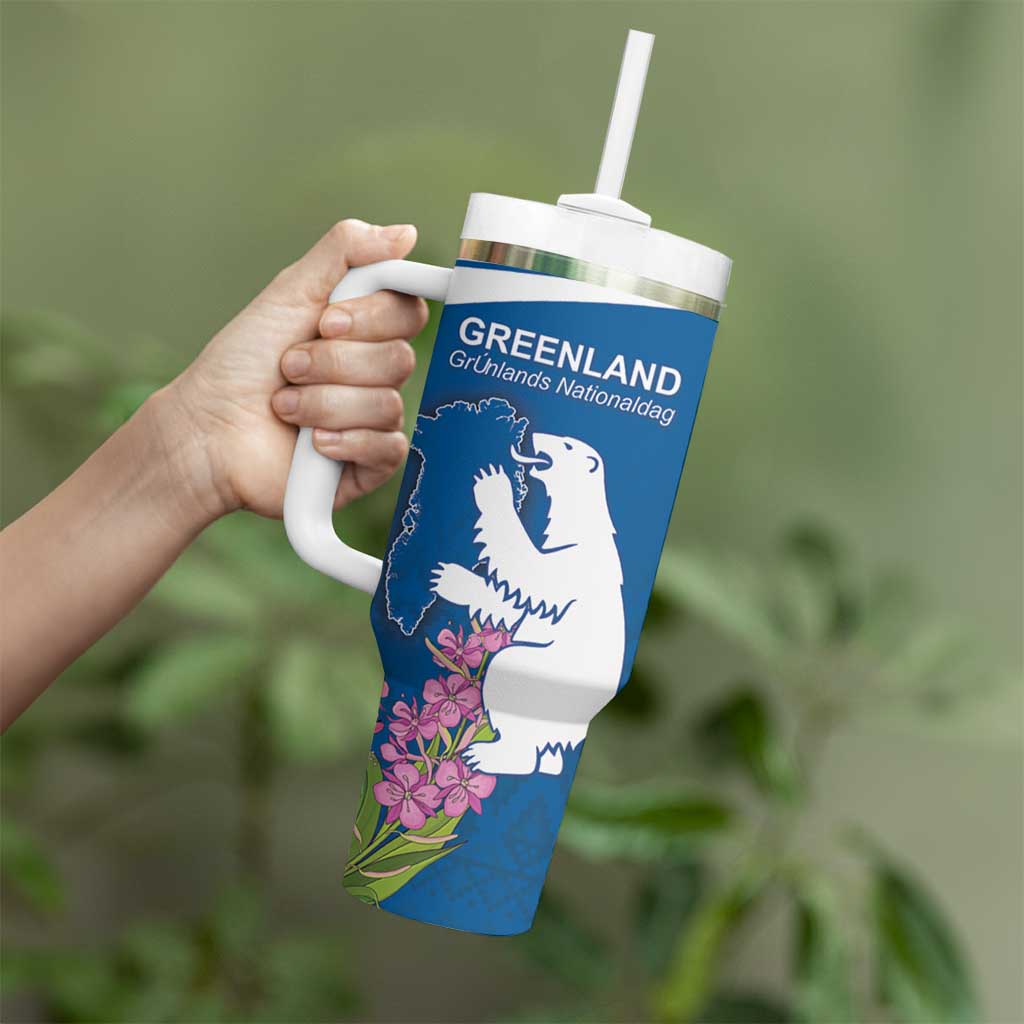 Personalized Greenland National Day Tumbler With Handle Polar Bear With Dwarf Fireweed