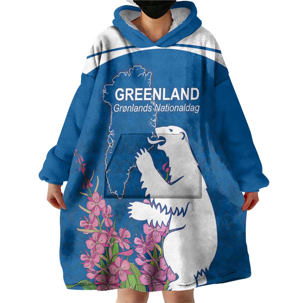 Personalized Greenland National Day Wearable Blanket Hoodie Polar Bear With Dwarf Fireweed