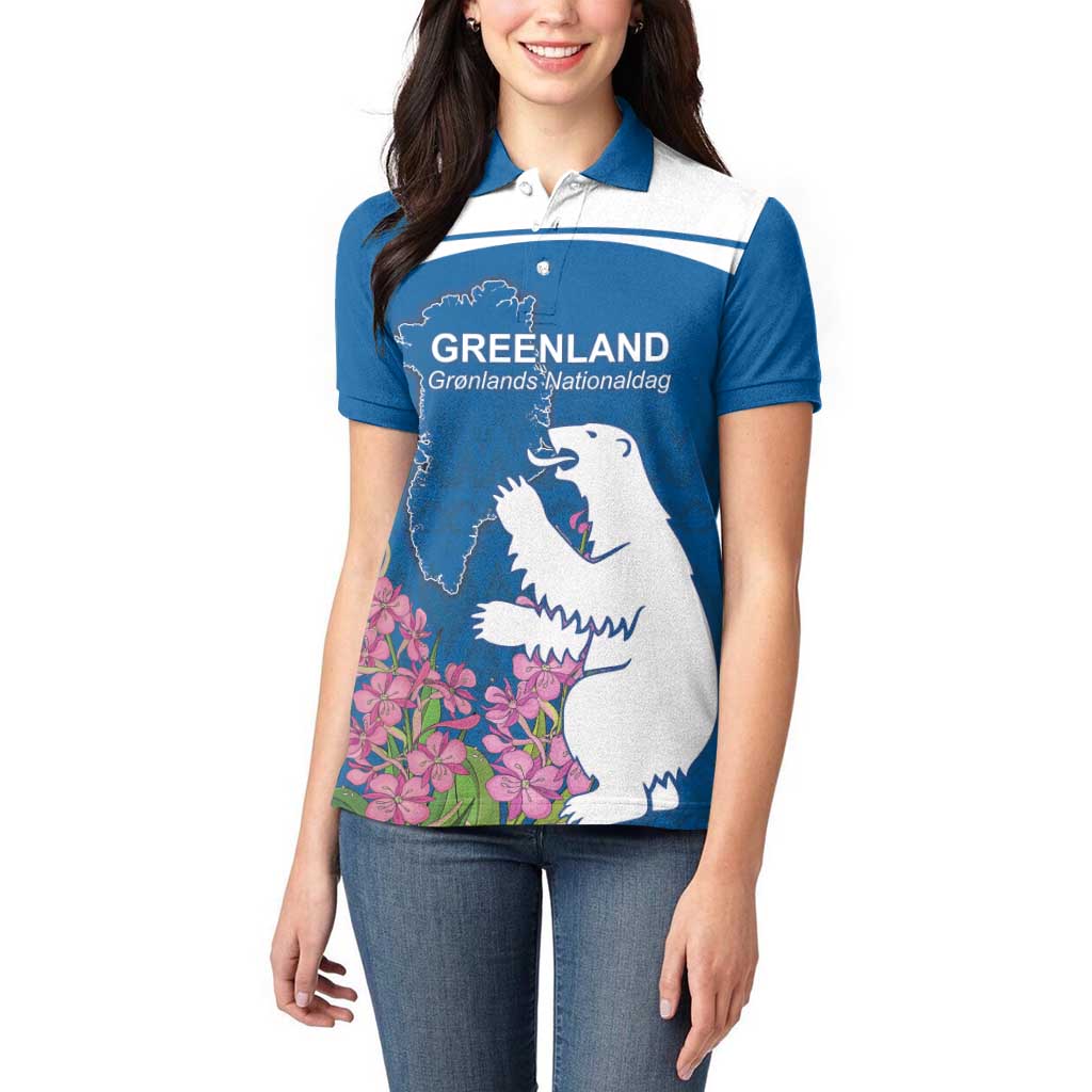 Personalized Greenland National Day Women Polo Shirt Polar Bear With Dwarf Fireweed
