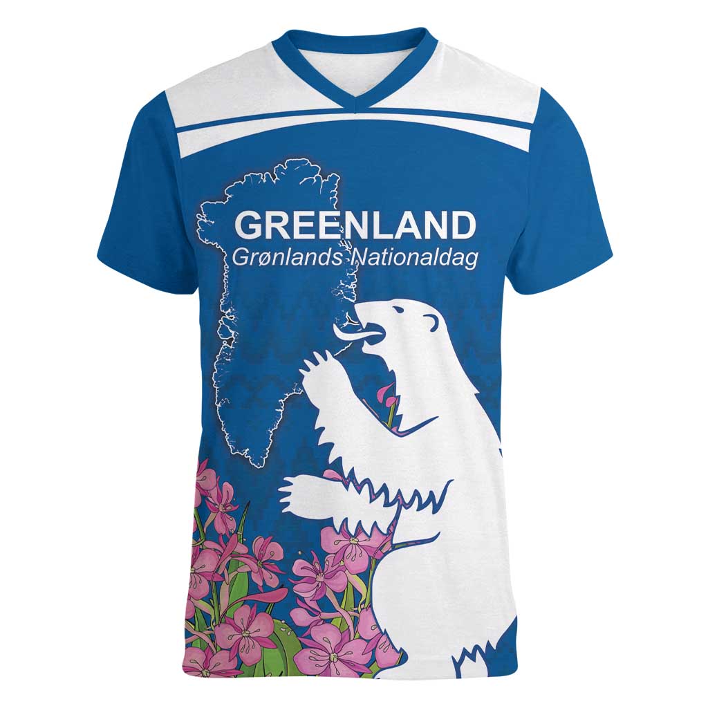 Personalized Greenland National Day Women V-Neck T-Shirt Polar Bear With Dwarf Fireweed