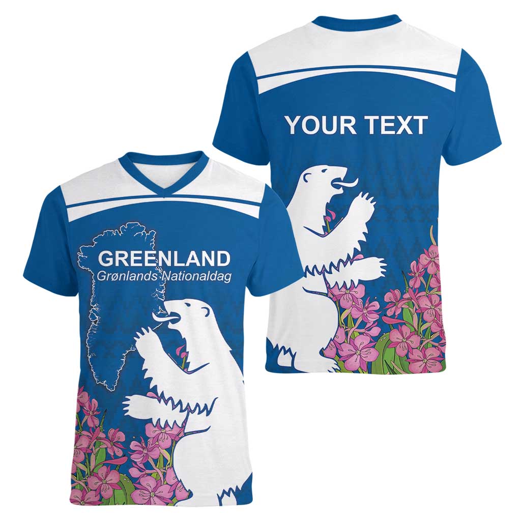 Personalized Greenland National Day Women V-Neck T-Shirt Polar Bear With Dwarf Fireweed