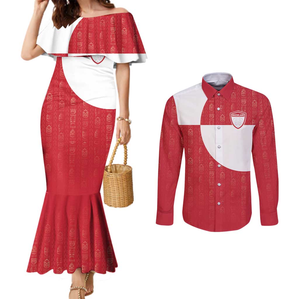 Custom Greenland Football Couples Matching Mermaid Dress and Long Sleeve Button Shirt Polar-Bamserne Tupilaq Pattern