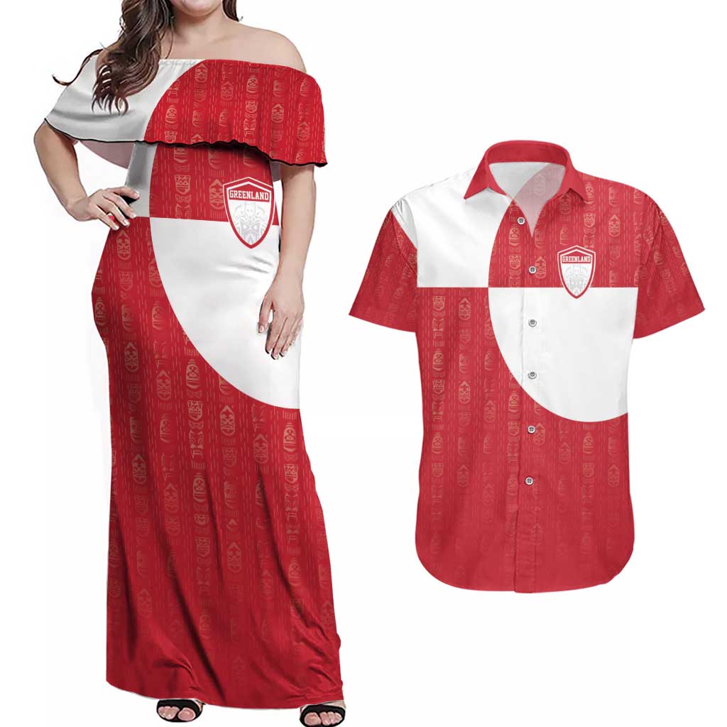 Custom Greenland Football Couples Matching Off Shoulder Maxi Dress and Hawaiian Shirt Polar-Bamserne Tupilaq Pattern