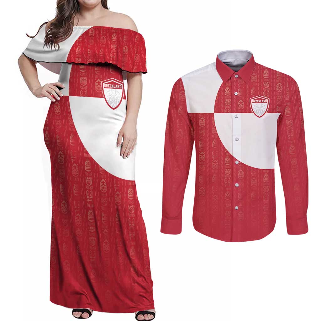 Custom Greenland Football Couples Matching Off Shoulder Maxi Dress and Long Sleeve Button Shirt Polar-Bamserne Tupilaq Pattern