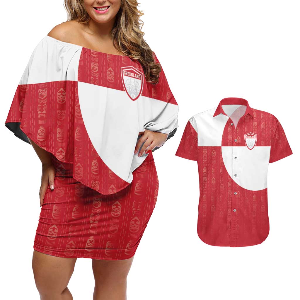 Custom Greenland Football Couples Matching Off Shoulder Short Dress and Hawaiian Shirt Polar-Bamserne Tupilaq Pattern
