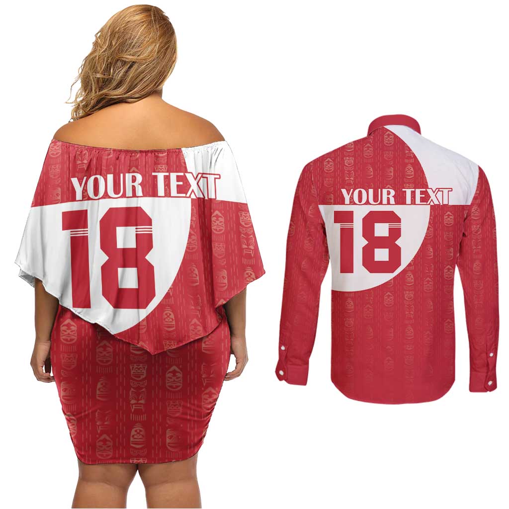 Custom Greenland Football Couples Matching Off Shoulder Short Dress and Long Sleeve Button Shirt Polar-Bamserne Tupilaq Pattern