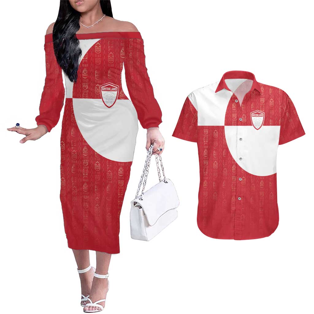 Custom Greenland Football Couples Matching Off The Shoulder Long Sleeve Dress and Hawaiian Shirt Polar-Bamserne Tupilaq Pattern