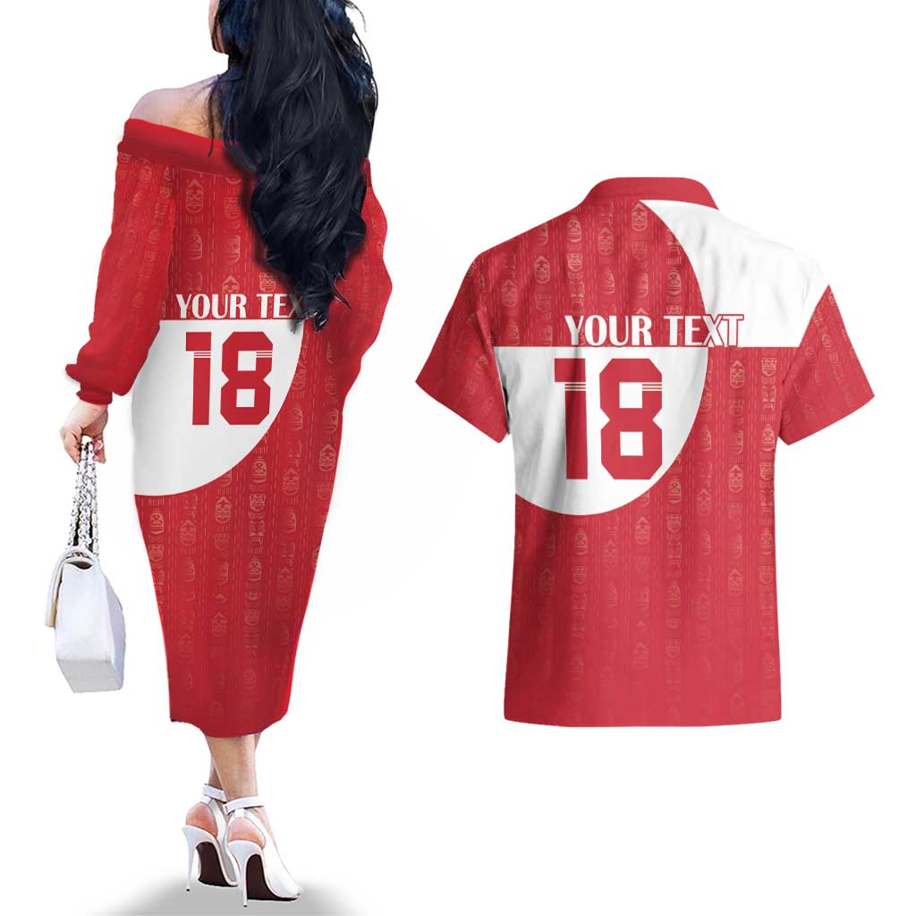 Custom Greenland Football Couples Matching Off The Shoulder Long Sleeve Dress and Hawaiian Shirt Polar-Bamserne Tupilaq Pattern