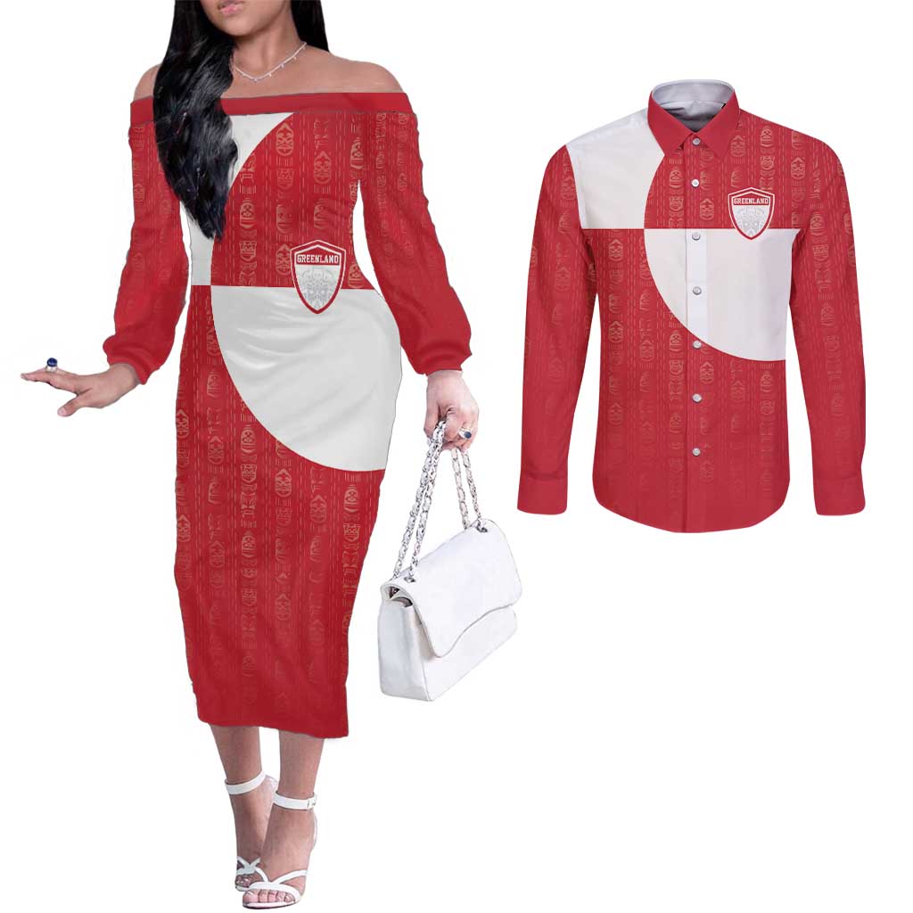 Custom Greenland Football Couples Matching Off The Shoulder Long Sleeve Dress and Long Sleeve Button Shirt Polar-Bamserne Tupilaq Pattern