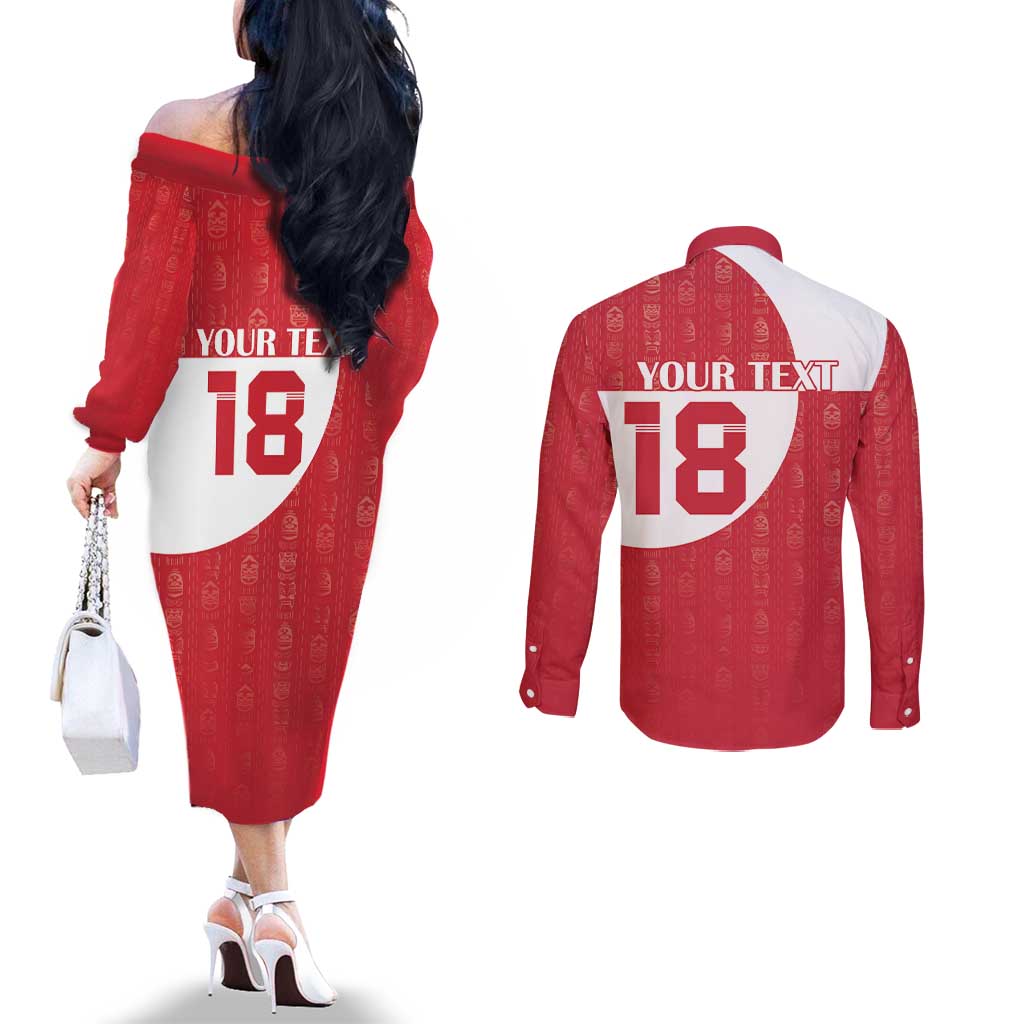 Custom Greenland Football Couples Matching Off The Shoulder Long Sleeve Dress and Long Sleeve Button Shirt Polar-Bamserne Tupilaq Pattern