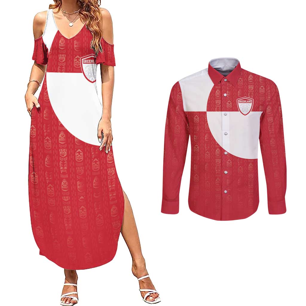 Custom Greenland Football Couples Matching Summer Maxi Dress and Long Sleeve Button Shirt Polar-Bamserne Tupilaq Pattern