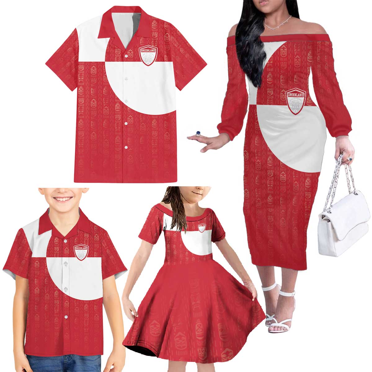 Custom Greenland Football Family Matching Off The Shoulder Long Sleeve Dress and Hawaiian Shirt Polar-Bamserne Tupilaq Pattern