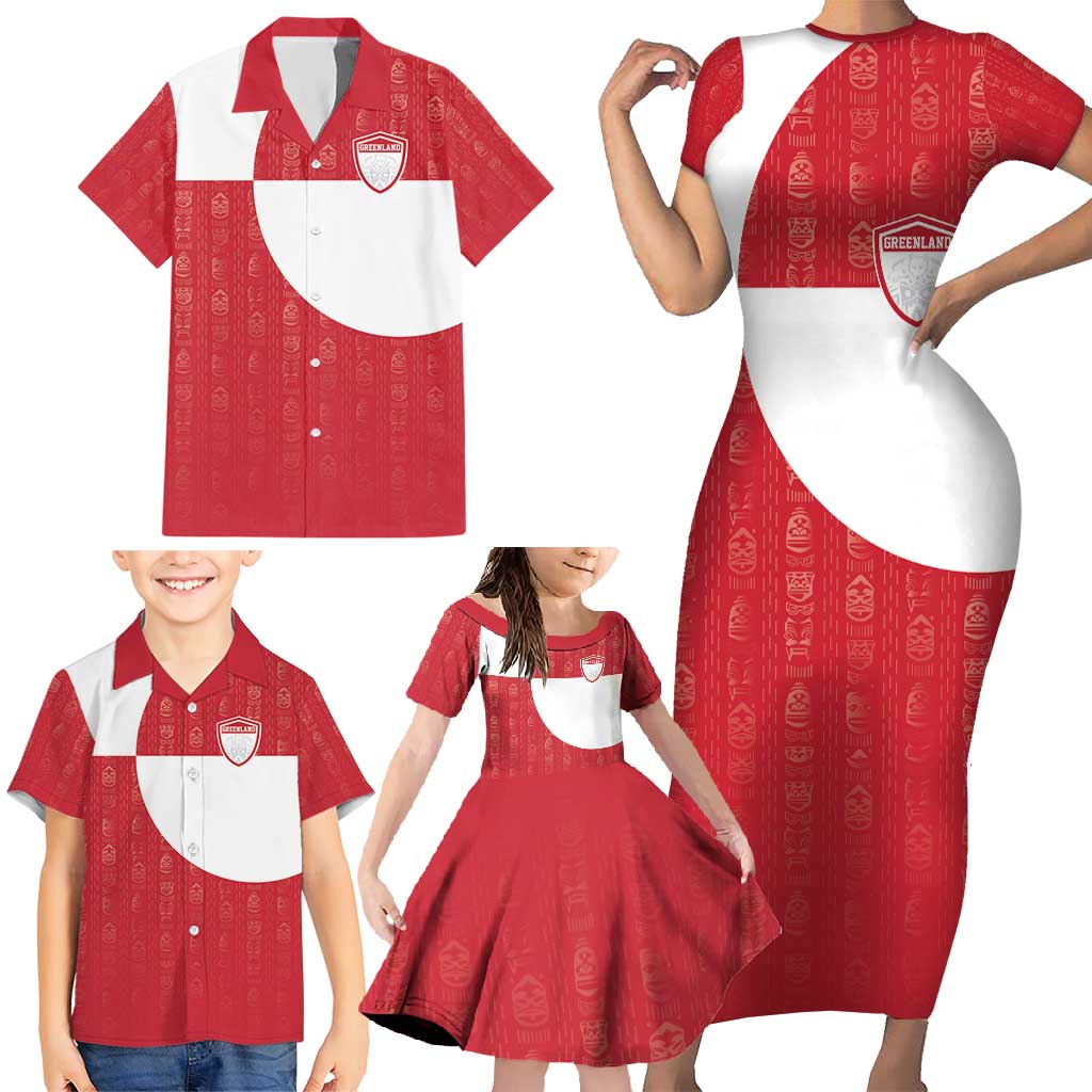Custom Greenland Football Family Matching Short Sleeve Bodycon Dress and Hawaiian Shirt Polar-Bamserne Tupilaq Pattern