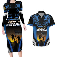 Custom Estonia National Flag Day Couples Matching Long Sleeve Bodycon Dress and Hawaiian Shirt Mu isamaa, mu onn ja room