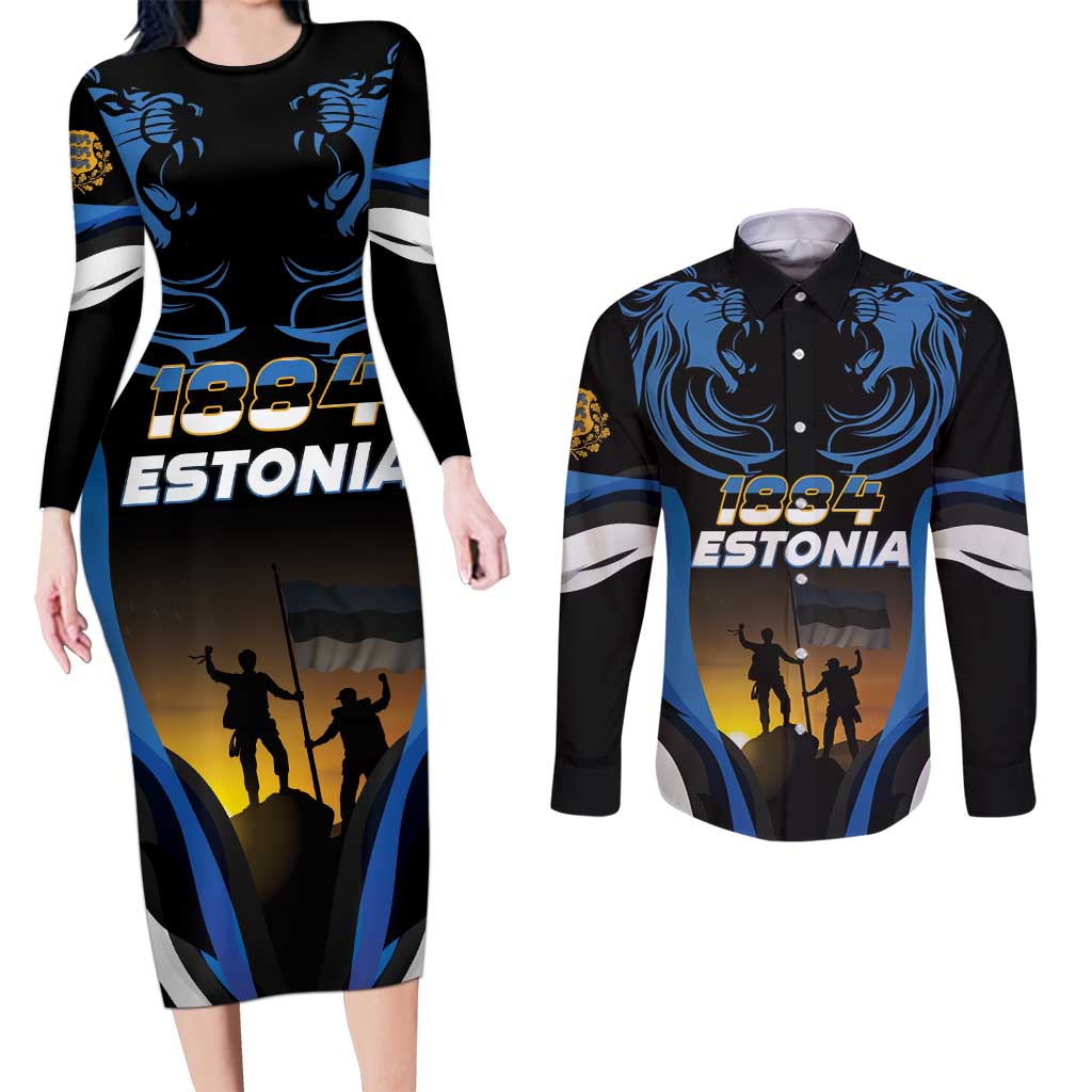 Custom Estonia National Flag Day Couples Matching Long Sleeve Bodycon Dress and Long Sleeve Button Shirt Mu isamaa, mu onn ja room