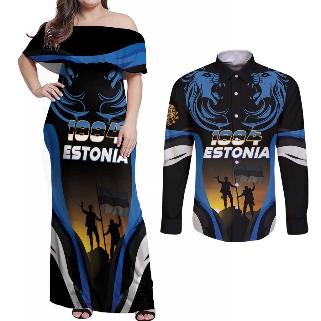 Custom Estonia National Flag Day Couples Matching Off Shoulder Maxi Dress and Long Sleeve Button Shirt Mu isamaa, mu onn ja room