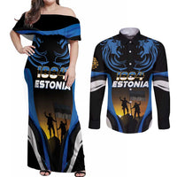 Custom Estonia National Flag Day Couples Matching Off Shoulder Maxi Dress and Long Sleeve Button Shirt Mu isamaa, mu onn ja room