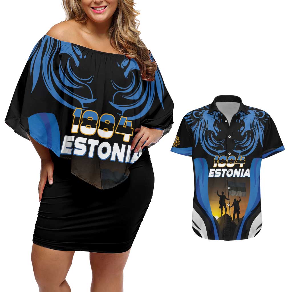 Custom Estonia National Flag Day Couples Matching Off Shoulder Short Dress and Hawaiian Shirt Mu isamaa, mu onn ja room