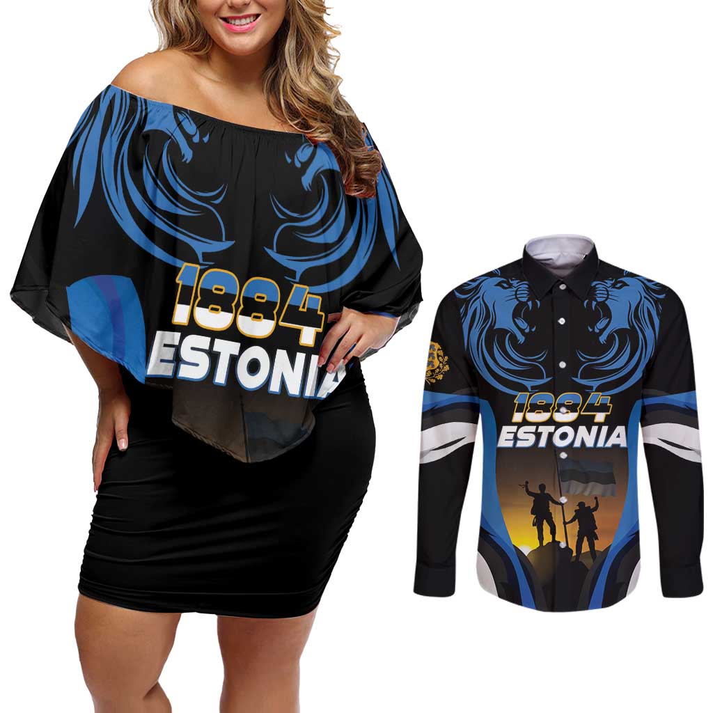 Custom Estonia National Flag Day Couples Matching Off Shoulder Short Dress and Long Sleeve Button Shirt Mu isamaa, mu onn ja room