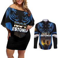 Custom Estonia National Flag Day Couples Matching Off Shoulder Short Dress and Long Sleeve Button Shirt Mu isamaa, mu onn ja room