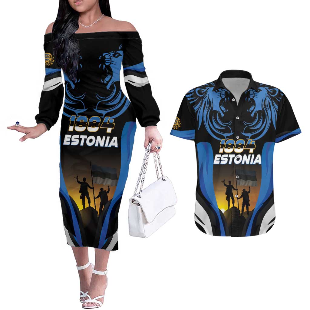 Custom Estonia National Flag Day Couples Matching Off The Shoulder Long Sleeve Dress and Hawaiian Shirt Mu isamaa, mu onn ja room