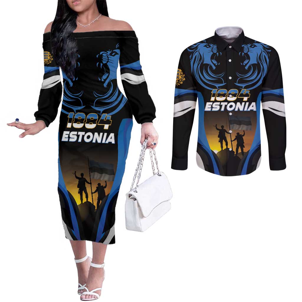 Custom Estonia National Flag Day Couples Matching Off The Shoulder Long Sleeve Dress and Long Sleeve Button Shirt Mu isamaa, mu onn ja room