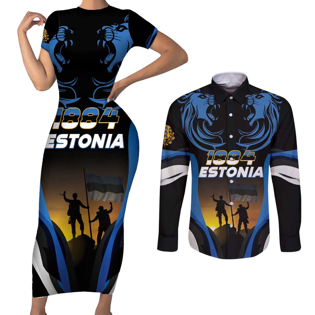 Custom Estonia National Flag Day Couples Matching Short Sleeve Bodycon Dress and Long Sleeve Button Shirt Mu isamaa, mu onn ja room