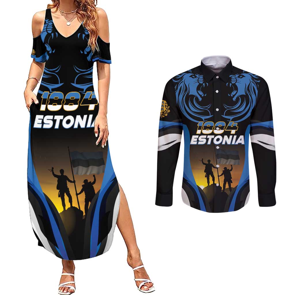 Custom Estonia National Flag Day Couples Matching Summer Maxi Dress and Long Sleeve Button Shirt Mu isamaa, mu onn ja room