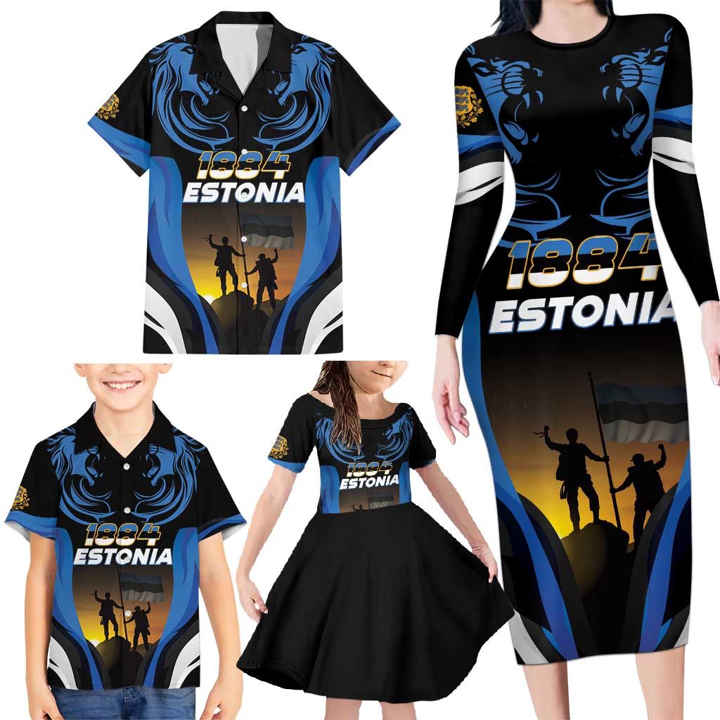 Custom Estonia National Flag Day Family Matching Long Sleeve Bodycon Dress and Hawaiian Shirt Mu isamaa, mu onn ja room