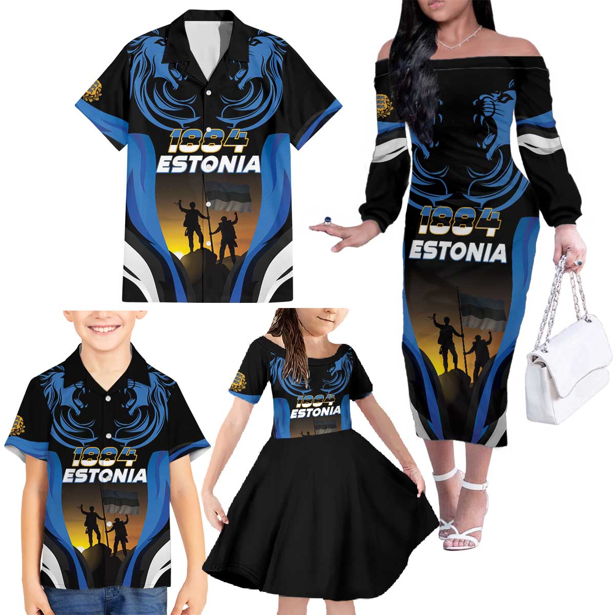 Custom Estonia National Flag Day Family Matching Off The Shoulder Long Sleeve Dress and Hawaiian Shirt Mu isamaa, mu onn ja room