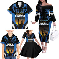 Custom Estonia National Flag Day Family Matching Off The Shoulder Long Sleeve Dress and Hawaiian Shirt Mu isamaa, mu onn ja room
