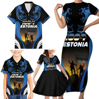Custom Estonia National Flag Day Family Matching Short Sleeve Bodycon Dress and Hawaiian Shirt Mu isamaa, mu onn ja room
