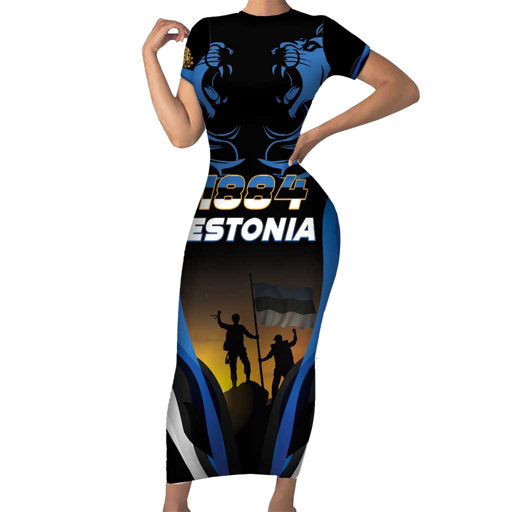 Custom Estonia National Flag Day Short Sleeve Bodycon Dress Mu isamaa, mu onn ja room